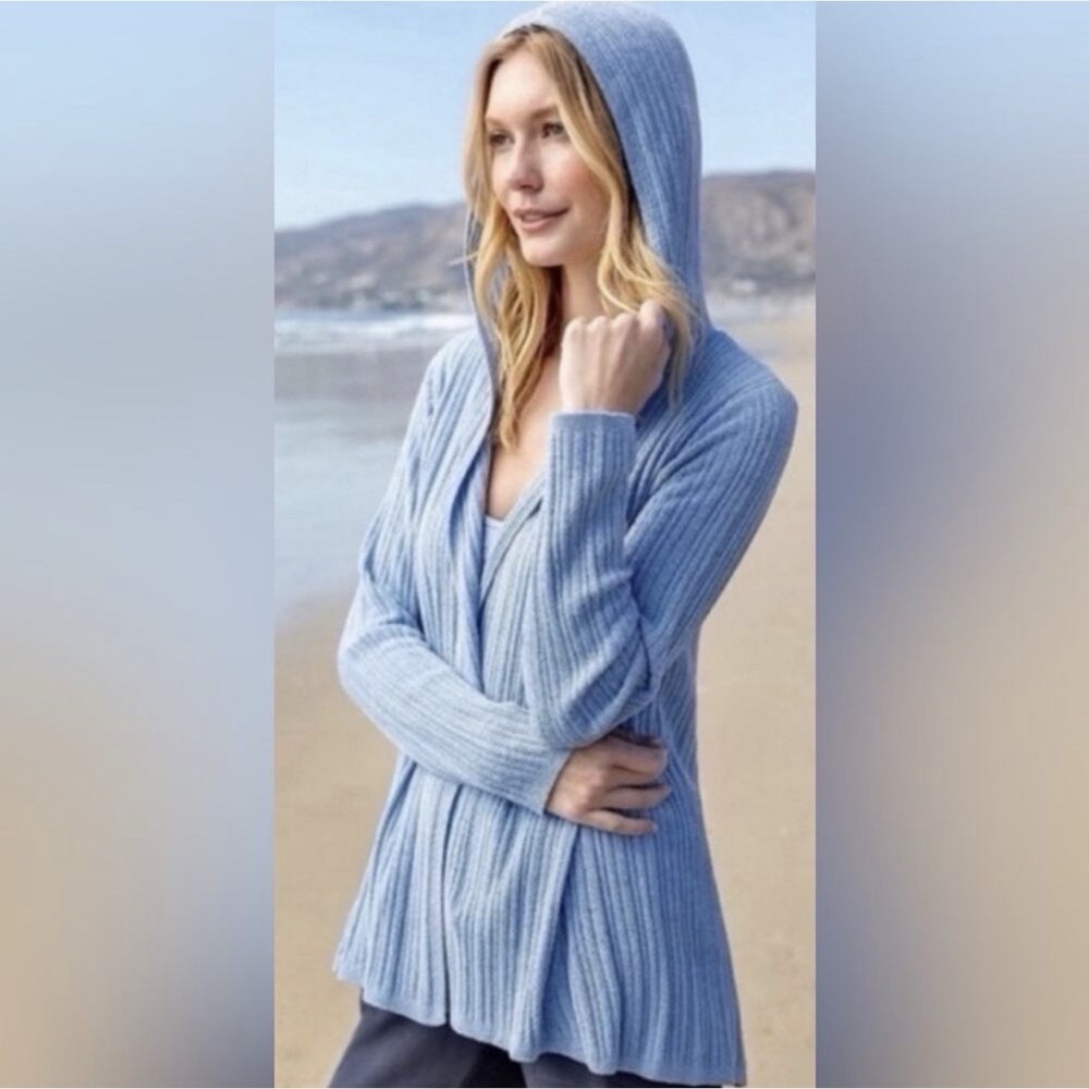 Barefoot Dreams CozyChic Ultra Lite Knit Blue Ribbed Hooded Cardigan Size Medium